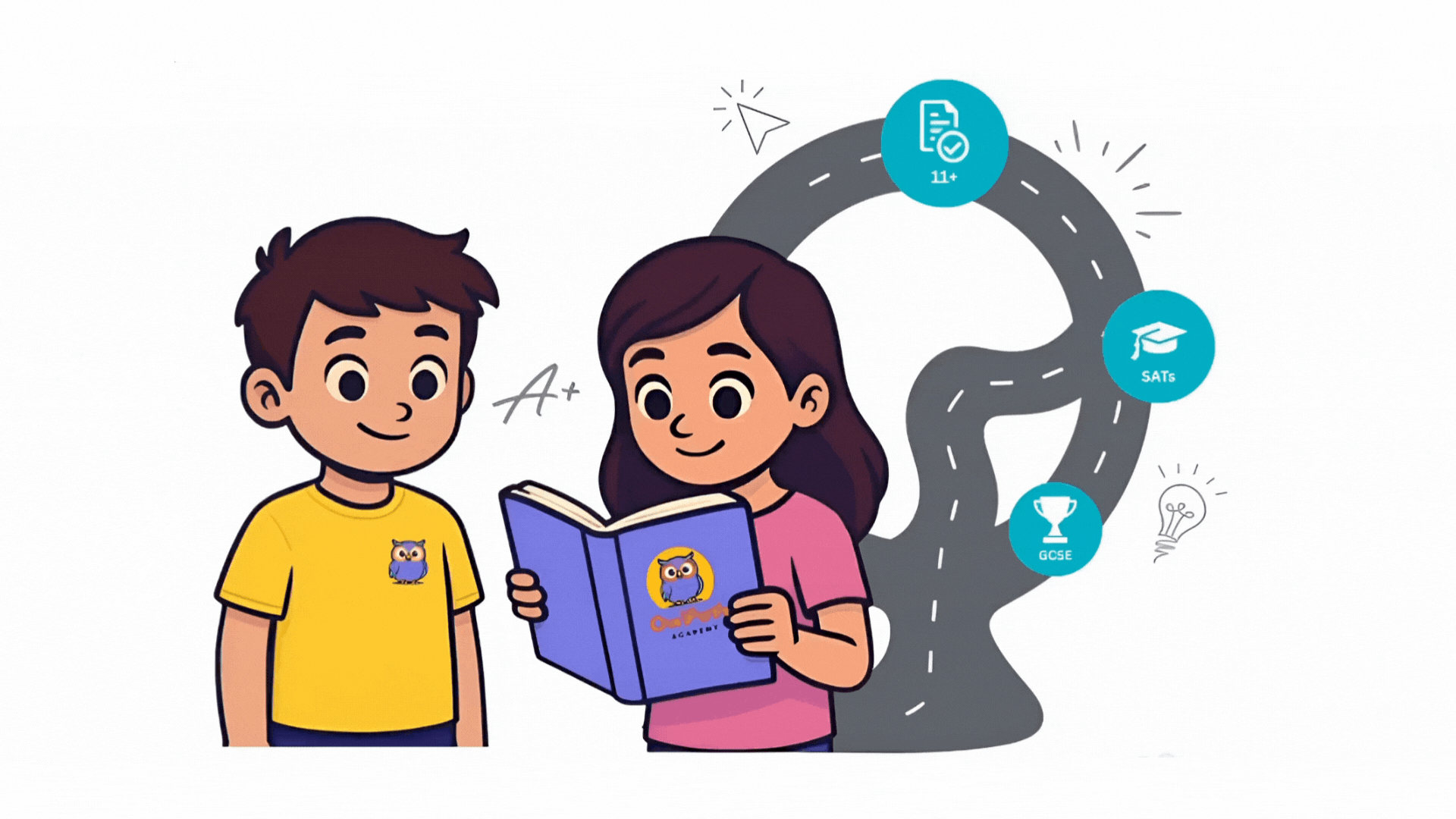 Animated illustration of students progressing through exams